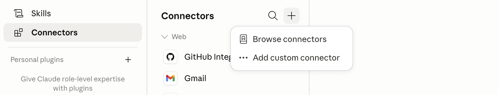 Claude connector settings with the plus menu open and Add custom connector selected.