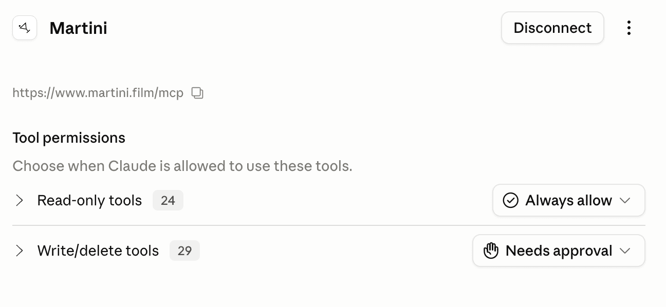 Claude Martini connector permissions showing read-only tools set to Always allow and write/delete tools set to Needs approval.